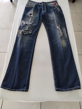 True Religion Ricky Super T Jeans Flap Pockets Distressed Ripped Size 32 USA